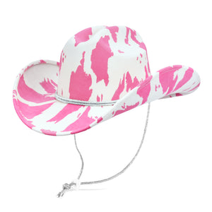 Fluffy Sense Cow Print Rhinestone Cowboy Cowgirl Hat Western Felt Disco Bachelorette Party Hat with Bling Chin Strap, Hot Pink Cow Print