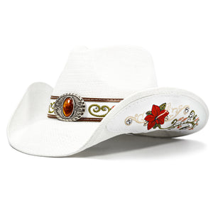 FLUFFY SENSE. Cowboy Hats for Women and Men Straw Western Hat Embroidered Cowboy Hat for Cowboys and Cowgirls (White)