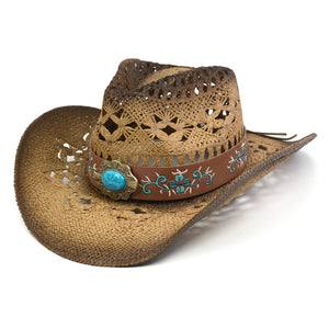 Fluffy Sense Coastal Cowgirl Hat Straw Cowboy Hat Western Beach Sun Hat for Women and Men with Shapeable Brim (Pecan Brown)