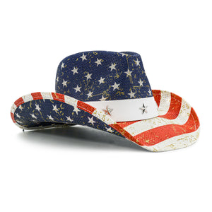 Fluffy Sense Vintage USA American Flag Cowboy Hat Classic Western Style Unisex Cowboy Cowgirl Hat (Blue Gold Shine)