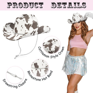 Fluffy Sense Cow Print Rhinestone Cowboy Cowgirl Hat Western Felt Disco Bachelorette Party Hat with Bling Chin Strap, Cedar Brown Cow Print