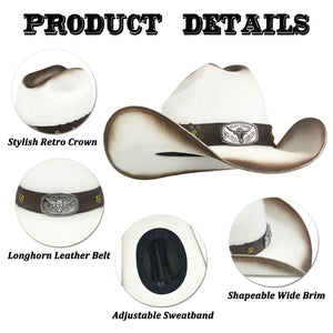 Fluffy Sense Straw Cattleman Crease Western Hats for Cowboys and Cowgirls with Shapeable Large Brim, White