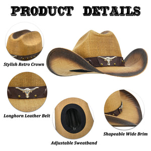 Fluffy Sense Straw Cattleman Crease Western Hats for Cowboys and Cowgirls with Shapeable Large Brim, Light Brown