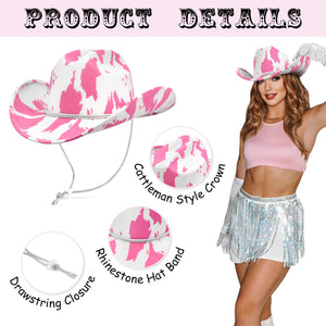 Fluffy Sense Cow Print Rhinestone Cowboy Cowgirl Hat Western Felt Disco Bachelorette Party Hat with Bling Chin Strap, Hot Pink Cow Print