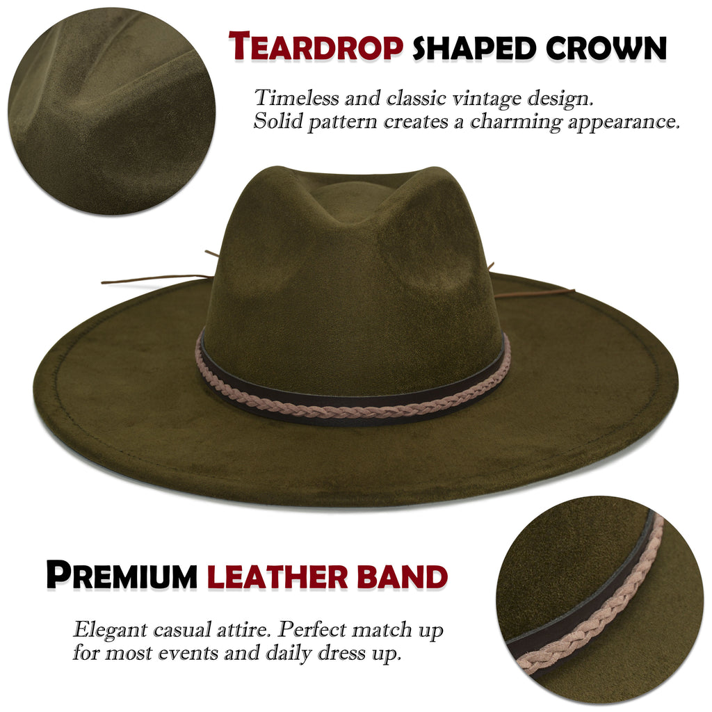 FLUFFY SENSE. Big Wide Brim Fedora Hat for Women - Nashville Outfits Western Hats Women's Felt Panama Rancher Hat (Olive Green)
