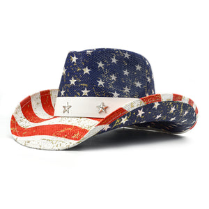Fluffy Sense Vintage USA American Flag Cowboy Hat Classic Western Style Unisex Cowboy Cowgirl Hat (Blue Gold Shine)