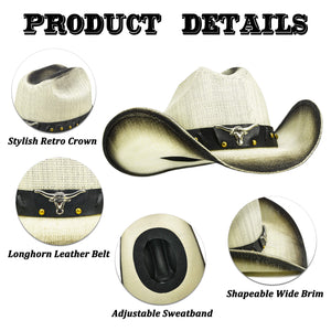 Fluffy Sense Straw Cattleman Crease Western Hats for Cowboys and Cowgirls with Shapeable Large Brim, Vanilla White