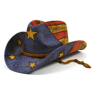 Fluffy Sense Vintage Straw Western Hat with Drawstring Closure American Flag Cowboy Cowgirl Hat(Tea-Stained Multicolor)