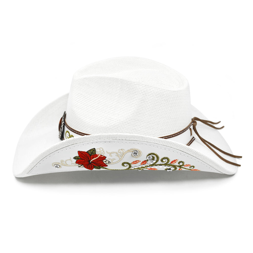 FLUFFY SENSE. Cowboy Hats for Women and Men Straw Western Hat Embroidered Cowboy Hat for Cowboys and Cowgirls (White)