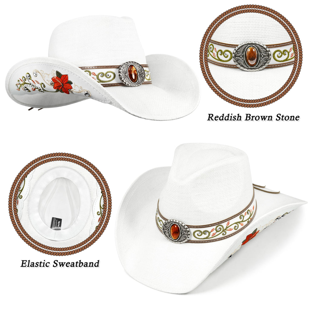 FLUFFY SENSE. Cowboy Hats for Women and Men Straw Western Hat Embroidered Cowboy Hat for Cowboys and Cowgirls (White)