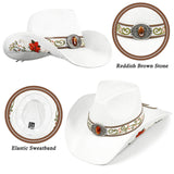 FLUFFY SENSE. Cowboy Hats for Women and Men Straw Western Hat Embroidered Cowboy Hat for Cowboys and Cowgirls (White)