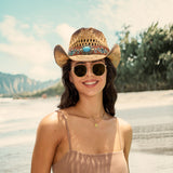 Fluffy Sense Coastal Cowgirl Hat Straw Cowboy Hat Western Beach Sun Hat for Women and Men with Shapeable Brim (Pecan Brown)