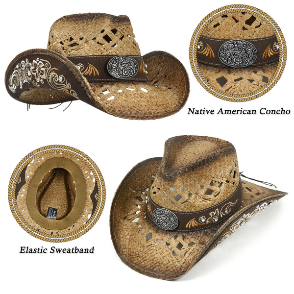 4728 Cowboy Hats For Women And Men Straw Western Hat Embroidered FLUFFY SENSE. Cowboy Hats for Women and Men Straw Western  main image 4