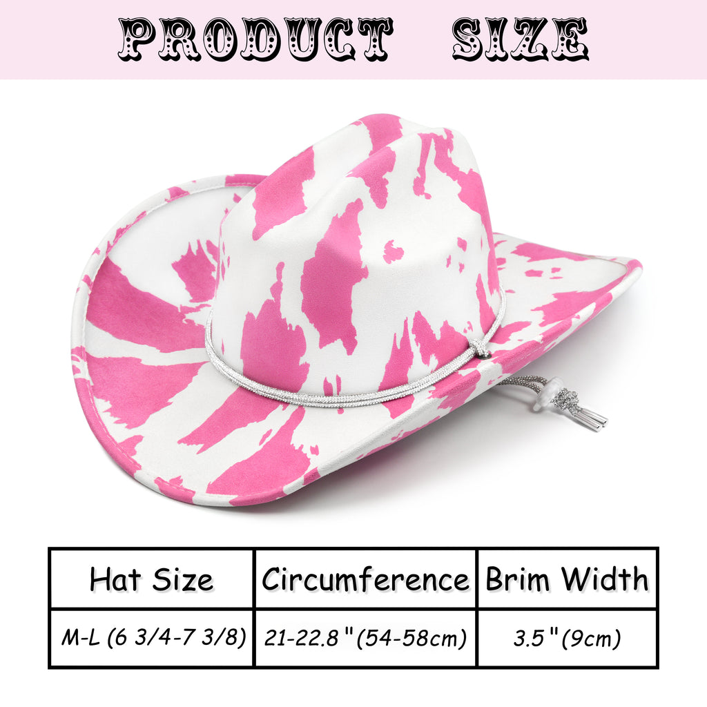 Fluffy Sense Cow Print Rhinestone Cowboy Cowgirl Hat Western Felt Disco Bachelorette Party Hat with Bling Chin Strap, Hot Pink Cow Print