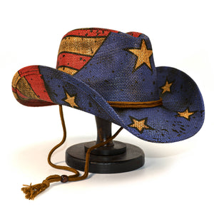 Fluffy Sense Vintage Straw Western Hat with Drawstring Closure American Flag Cowboy Cowgirl Hat(Tea-Stained Multicolor)