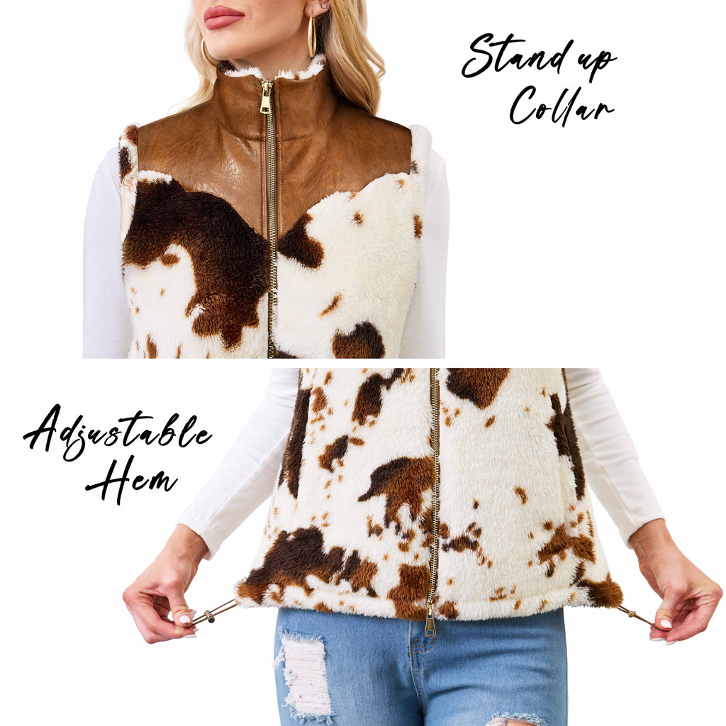 Women's Fuzzy Cow Print Vest Cozy Lightweight Sherpa Fleece Vest for Women Sleeveless Outerwear Jacket with Pockets