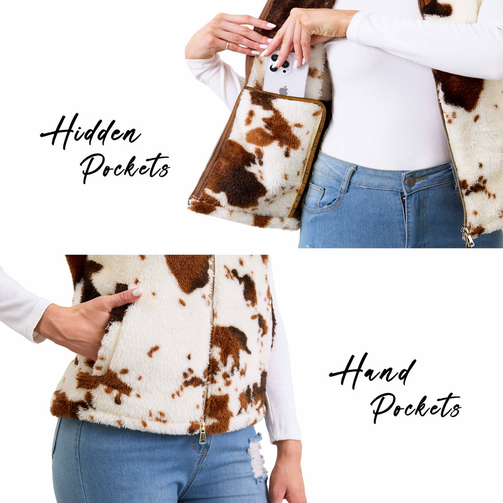 Women's Fuzzy Cow Print Vest Cozy Lightweight Sherpa Fleece Vest for Women Sleeveless Outerwear Jacket with Pockets