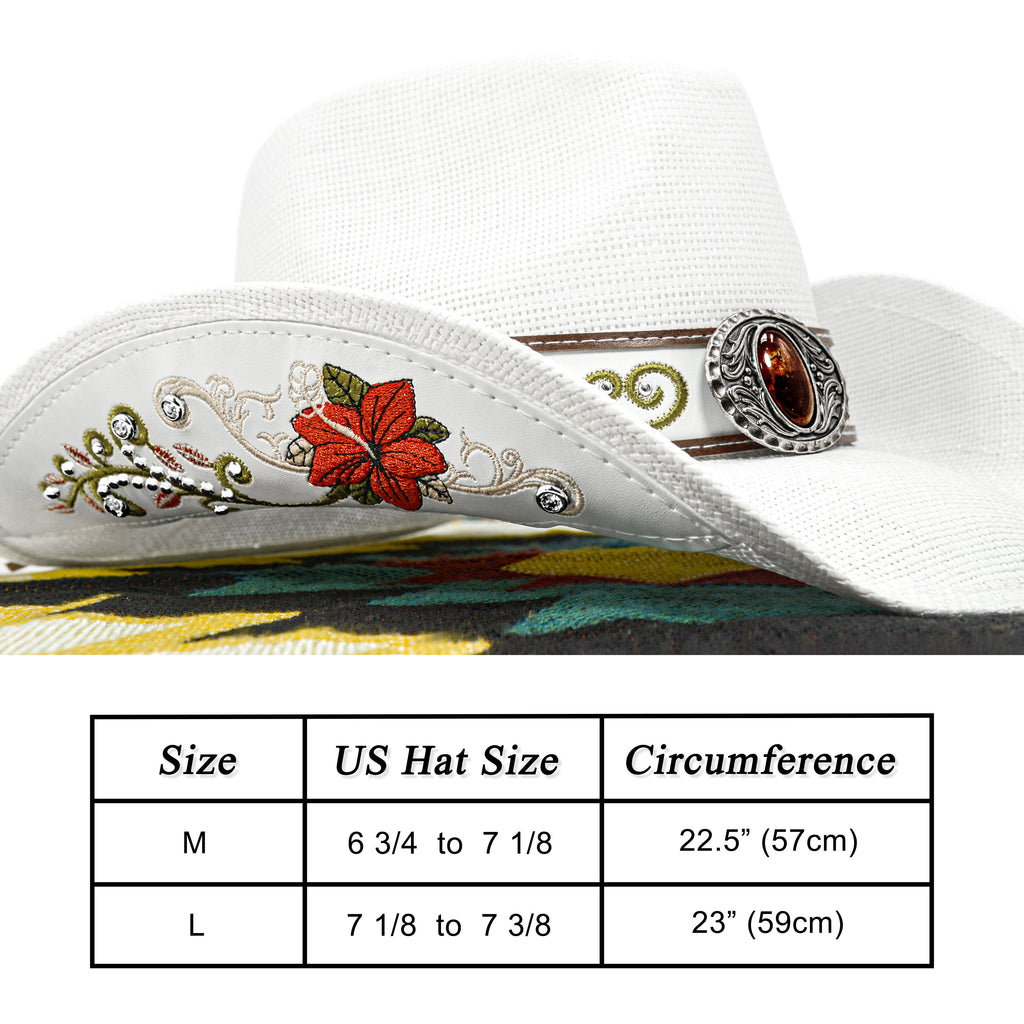FLUFFY SENSE. Cowboy Hats for Women and Men Straw Western Hat Embroidered Cowboy Hat for Cowboys and Cowgirls (White)