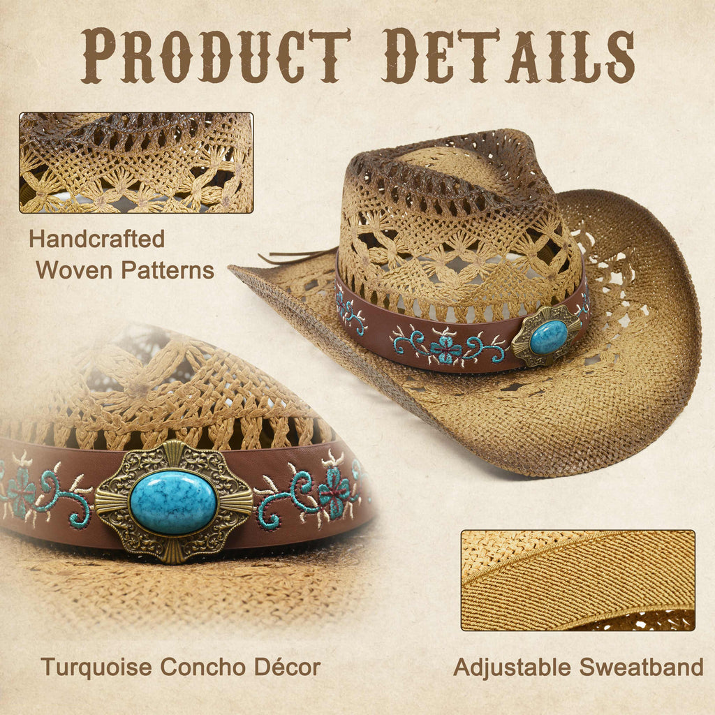 Fluffy Sense Coastal Cowgirl Hat Straw Cowboy Hat Western Beach Sun Hat for Women and Men with Shapeable Brim (Pecan Brown)