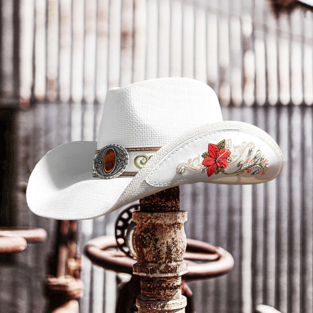 FLUFFY SENSE. Cowboy Hats for Women and Men Straw Western Hat Embroidered Cowboy Hat for Cowboys and Cowgirls (White)