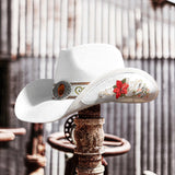 FLUFFY SENSE. Cowboy Hats for Women and Men Straw Western Hat Embroidered Cowboy Hat for Cowboys and Cowgirls (White)