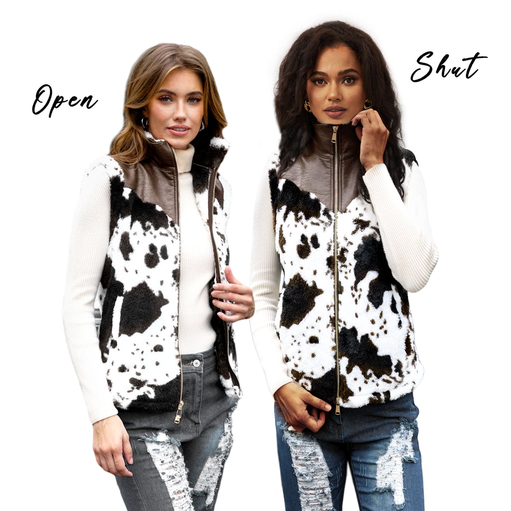 Women's Fuzzy Cow Print Vest Cozy Lightweight Sherpa Fleece Vest for Women Sleeveless Outerwear Jacket with Pockets