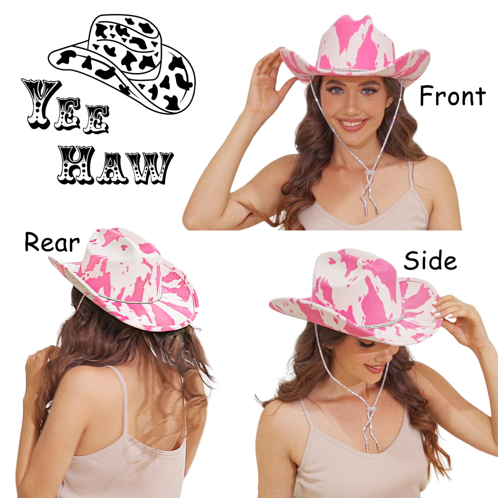 Fluffy Sense Cow Print Rhinestone Cowboy Cowgirl Hat Western Felt Disco Bachelorette Party Hat with Bling Chin Strap, Hot Pink Cow Print