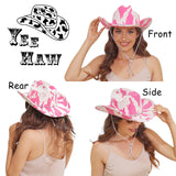 Fluffy Sense Cow Print Rhinestone Cowboy Cowgirl Hat Western Felt Disco Bachelorette Party Hat with Bling Chin Strap, Hot Pink Cow Print