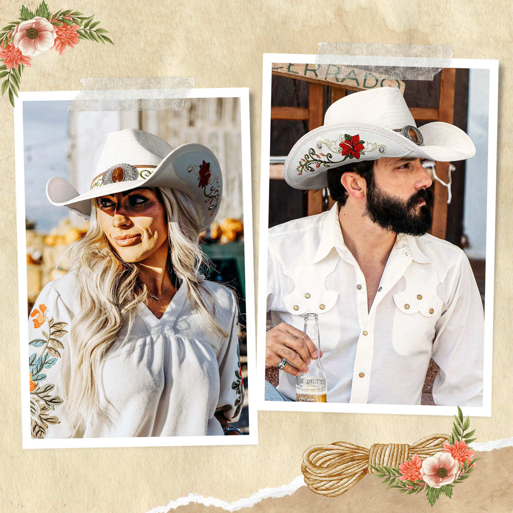 FLUFFY SENSE. Cowboy Hats for Women and Men Straw Western Hat Embroidered Cowboy Hat for Cowboys and Cowgirls (White)