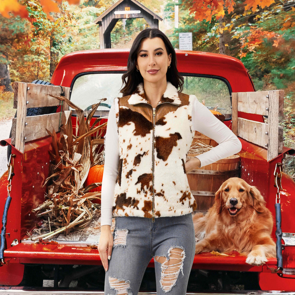 Women's Fuzzy Cow Print Vest Cozy Lightweight Sherpa Fleece Vest for Women Sleeveless Outerwear Jacket with Pockets