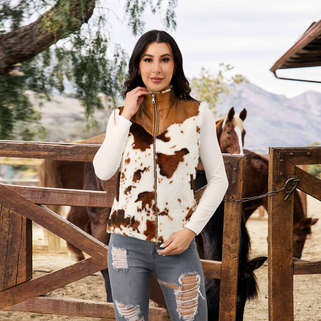 Women's Fuzzy Cow Print Vest Cozy Lightweight Sherpa Fleece Vest for Women Sleeveless Outerwear Jacket with Pockets