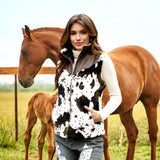 Women's Fuzzy Cow Print Vest Cozy Lightweight Sherpa Fleece Vest for Women Sleeveless Outerwear Jacket with Pockets