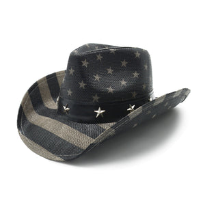 Fluffy Sense Vintage USA American Flag Cowboy Hat Classic Western Style Unisex Cowboy Cowgirl Hat (Classic Black and White)