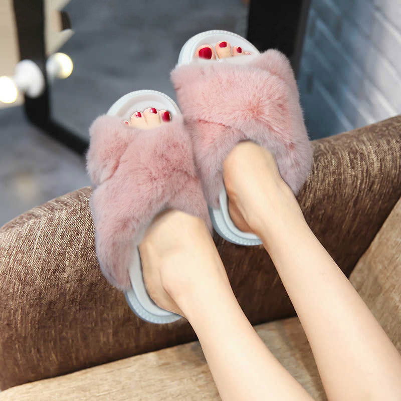Fluffy Sense Fuzzy Soft Plush Fur Slides Cross Band with Arch Support (Peach Pink/White)