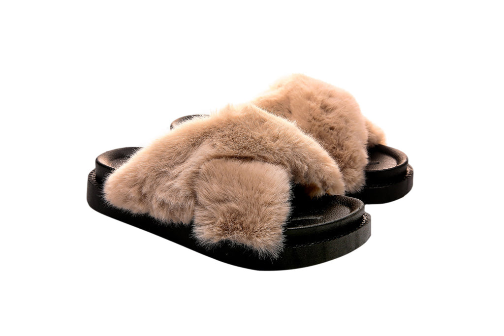 Fluffy Sense Fuzzy Soft Plush Fur Slides Cross Band with Arch Support (Light Brown/Black)