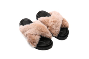 Fluffy Sense Fuzzy Soft Plush Fur Slides Cross Band with Arch Support (Light Brown/Black)