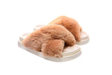 Fluffy Sense Fuzzy Soft Plush Fur Slides Cross Band with Arch Support (Orange Khaki/White)