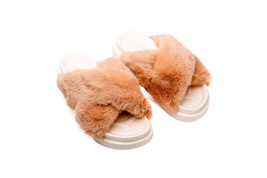 Fluffy Sense Fuzzy Soft Plush Fur Slides Cross Band with Arch Support (Orange Khaki/White)
