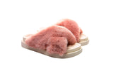 Fluffy Sense Fuzzy Soft Plush Fur Slides Cross Band with Arch Support (Peach Pink/White)