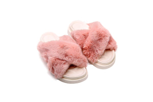 Fluffy Sense Fuzzy Soft Plush Fur Slides Cross Band with Arch Support (Peach Pink/White)
