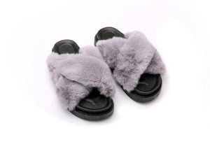 Fluffy Sense Fuzzy Soft Plush Fur Slides Cross Band with Arch Support (Silver Grew/Black)