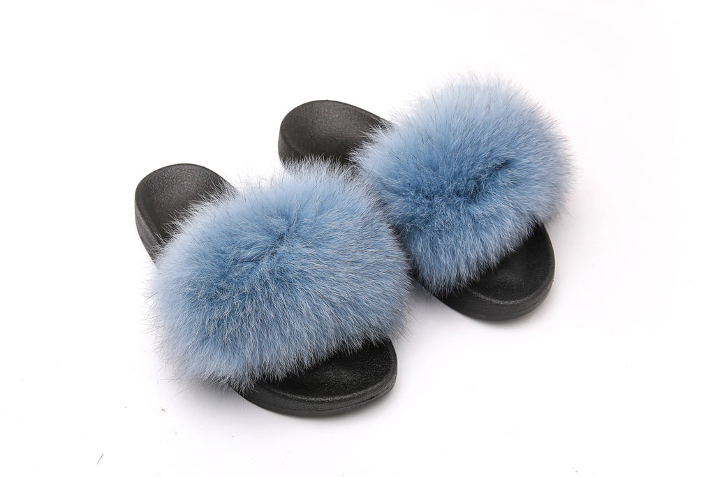Fluffy Sense Tiffany Blue Real Fox Fur Slides