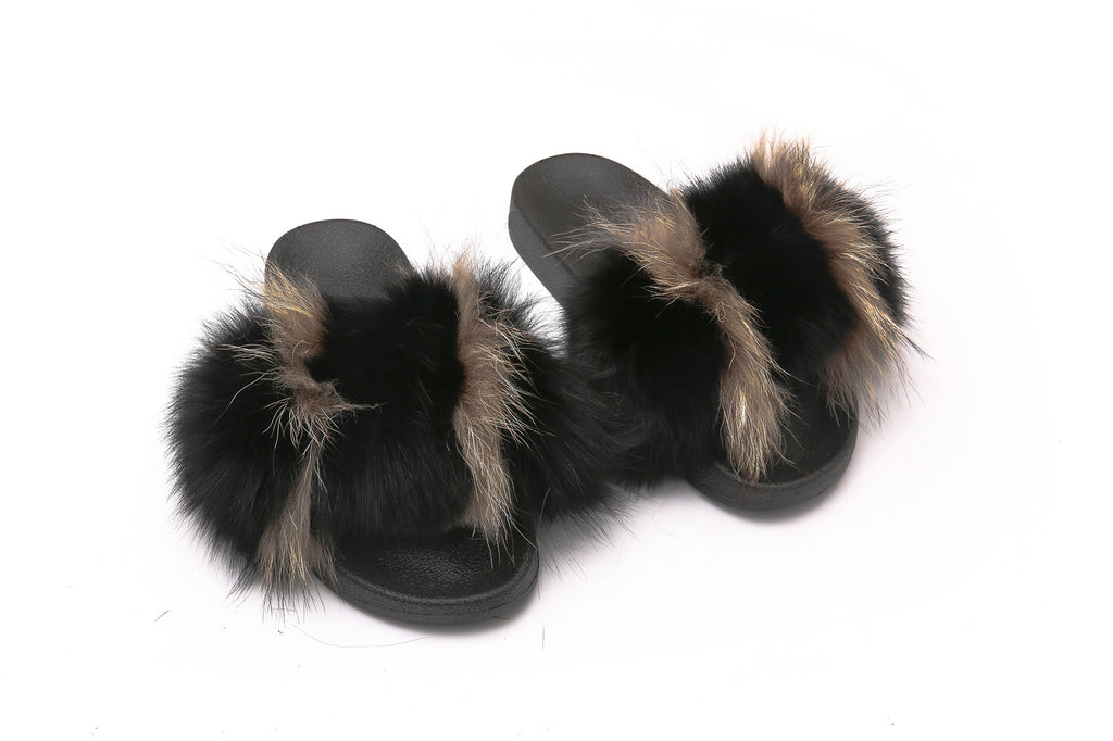 Fluffy Sense Black and Gold Real Fox Fur Slides