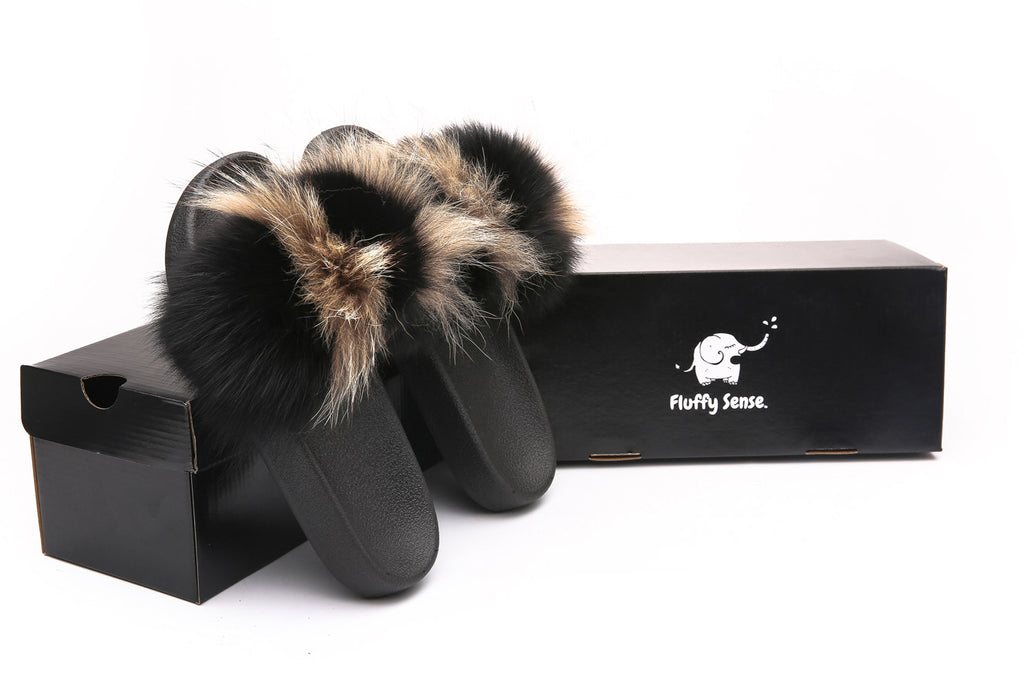 Fluffy Sense Black and Gold Real Fox Fur Slides