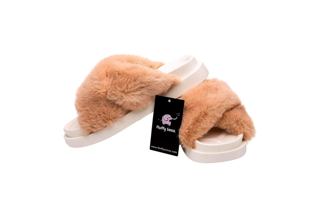 Fluffy Sense Fuzzy Soft Plush Fur Slides Cross Band with Arch Support (Orange Khaki/White)