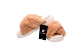 Fluffy Sense Fuzzy Soft Plush Fur Slides Cross Band with Arch Support (Orange Khaki/White)