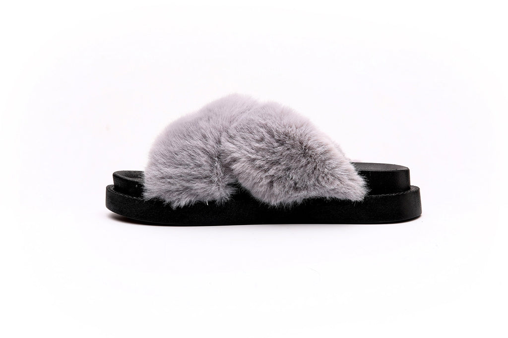 Fluffy Sense Fuzzy Soft Plush Fur Slides Cross Band with Arch Support (Silver Grew/Black)