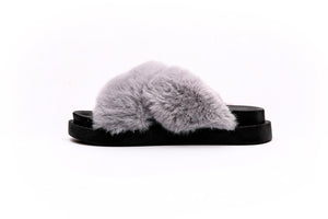 Fluffy Sense Fuzzy Soft Plush Fur Slides Cross Band with Arch Support (Silver Grew/Black)