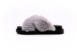 Fluffy Sense Fuzzy Soft Plush Fur Slides Cross Band with Arch Support (Silver Grew/Black)