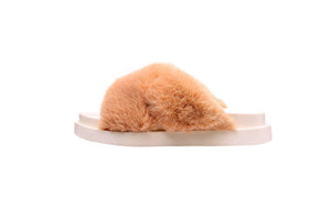 Fluffy Sense Fuzzy Soft Plush Fur Slides Cross Band with Arch Support (Orange Khaki/White)